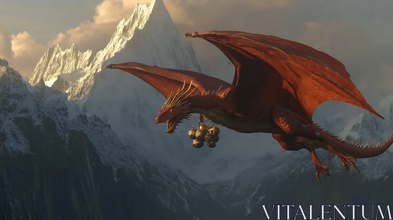 Fantasy Dragon Soaring Above Snowy Peaks AI Image