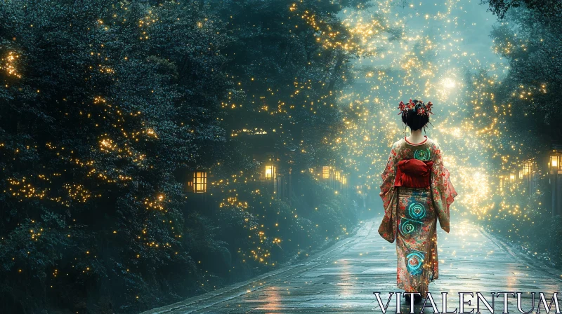 Lantern Lit Path Kimono Woman AI Image