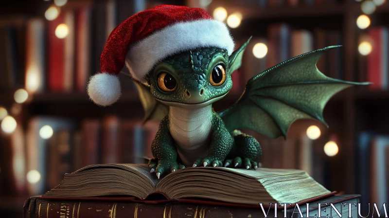 Whimsical Dragon in Santa Hat on Book AI Image