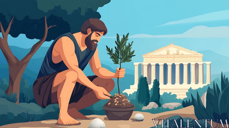 Man Planting Tree Near Greek Temple AI Image