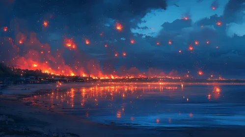Shoreline in Flames at Night