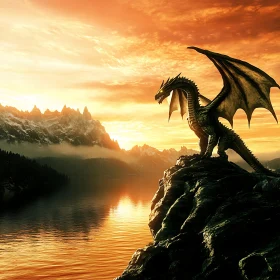 Sunset Dragon Overlooking Mountains and Lake