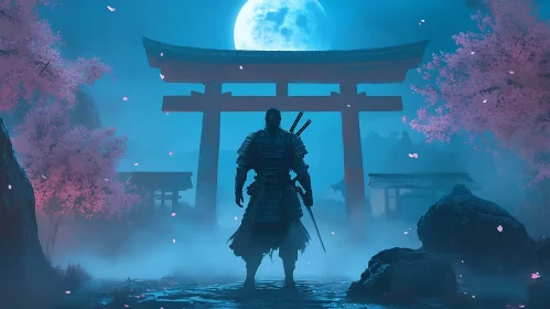 Warrior in Moonlight Cherry Blossom Scene