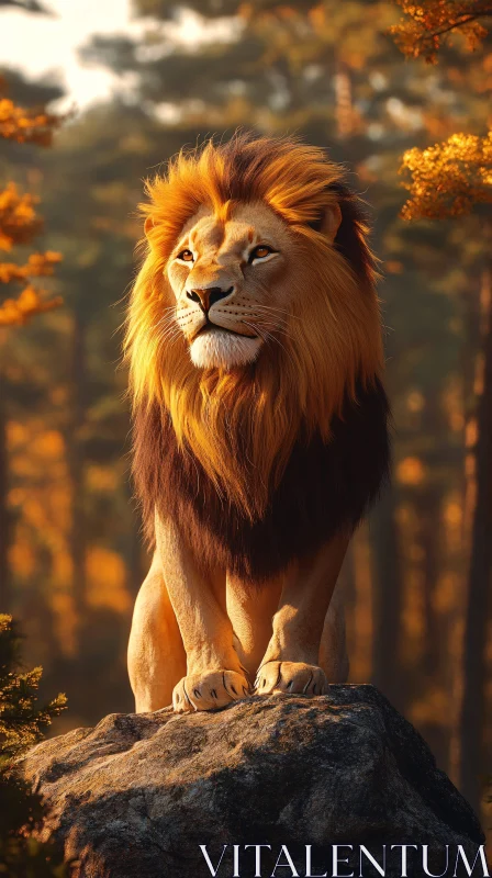 Regal Lion in Autumn Woods AI Image