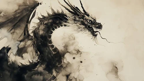 Monochrome Dragon Ink Wash Painting