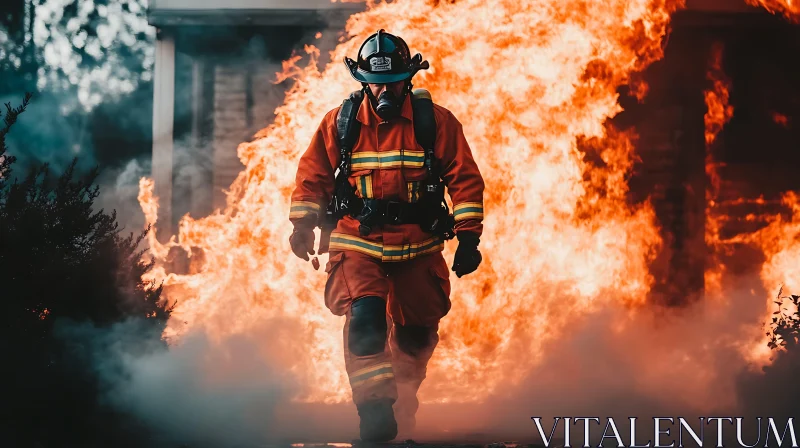 Firefighter in Action Amidst Blazing Flames AI Image