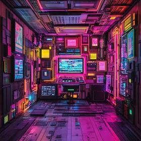 Cyberpunk Neon Control Room Interior
