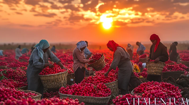 AI ART Red Field Harvest at Sunset