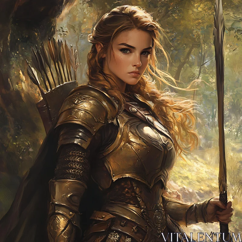 AI ART Female Warrior with Spear in the Woods