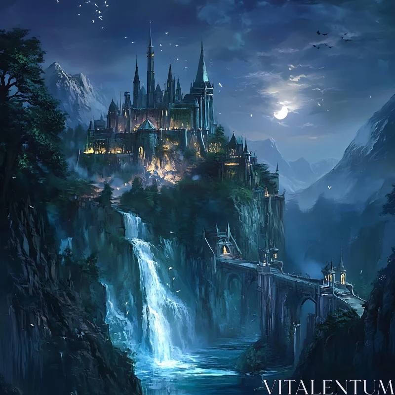 AI ART Moonlit Castle Overlooking Waterfall