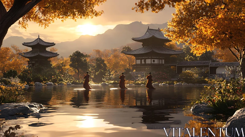 Tranquil Monks in Pagoda Garden AI Image