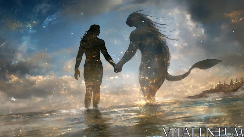 Silhouetted Couple Holding Hands in Water AI Image