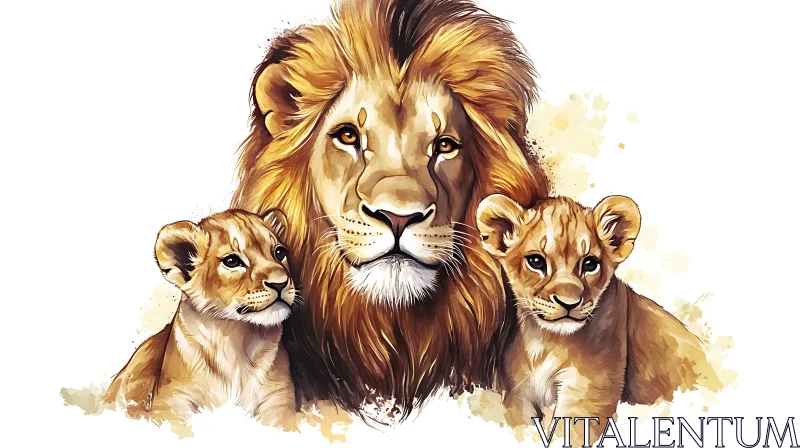 AI ART Watercolor Lion and Cubs