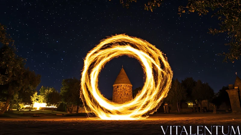 Night Fire Circle Around Stone Tower AI Image