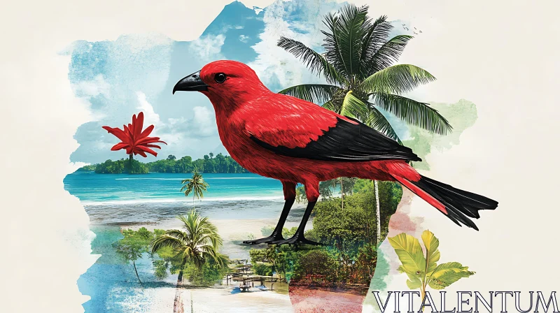 Red Bird Amidst Island Paradise AI Image