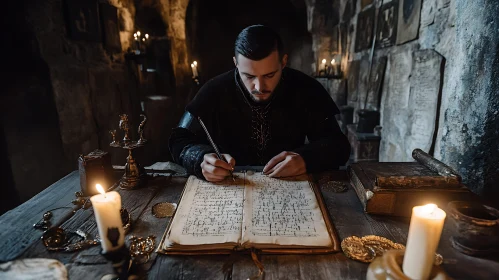 Man Writing with Quill in Stone Room