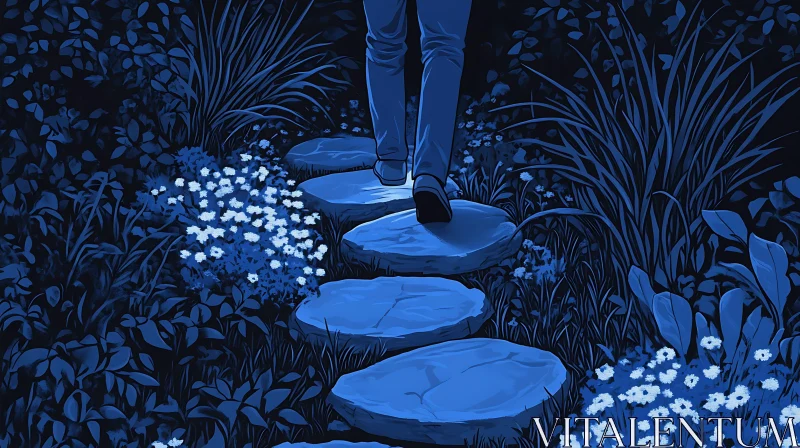 AI ART Blue Night Garden Walk