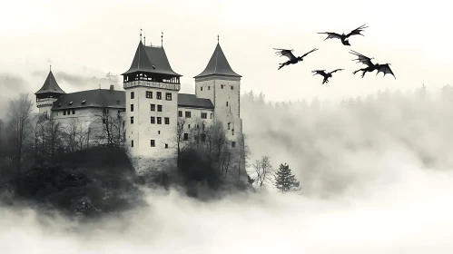 Monochrome Castle with Dragons