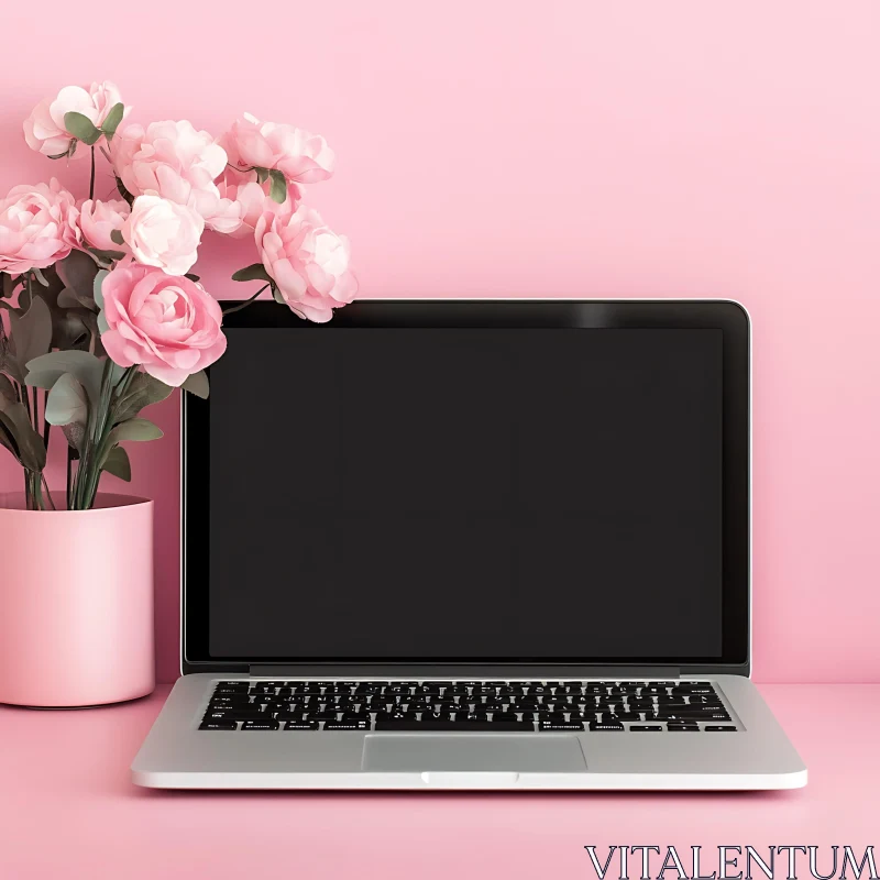 Aesthetic Laptop Setup with Pink Floral Decor AI Image