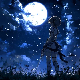 Moonlit Warrior Anime Style Illustration