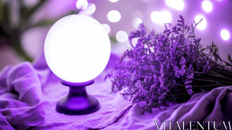 Enchanting Crystal Ball on Purple Stand with Glowing Aura and Delicate Flowers AI Image