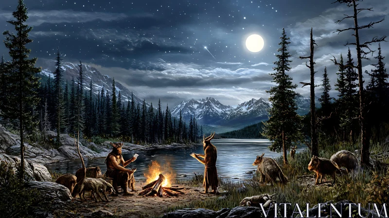 AI ART Mystical Campfire Scene under Moonlight