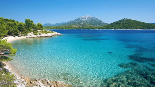 Tranquil Beach with Lush Greenery and Distant Mountains