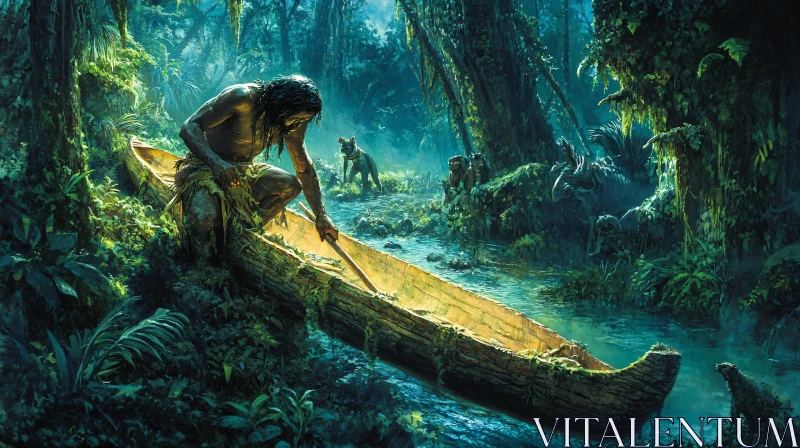 AI ART Man Paddling Canoe Through Jungle River