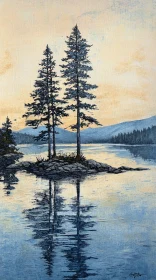 Calm Lake with Reflective Pine Trees at Dusk