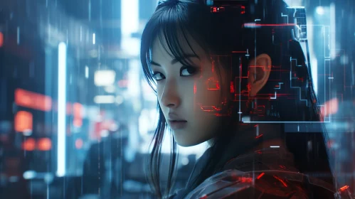 Futuristic Cyberpunk Asian Girl in Cityscape