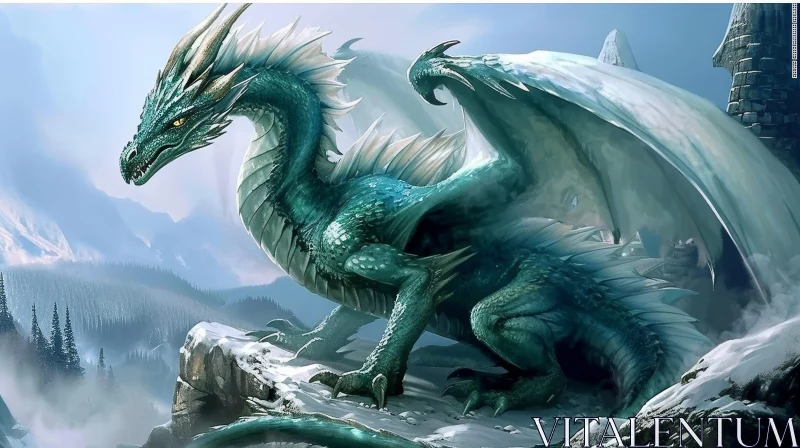Green Dragon in Snowy Mountain Landscape: A Majestic Digital Painting AI Image