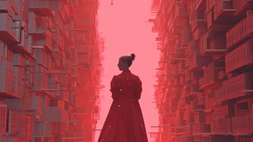 Red-Dressed Woman in Narrow Alley: Captivating Digital Painting