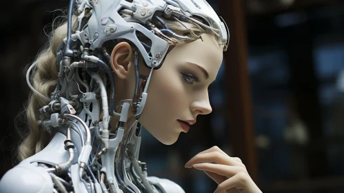 Robotic Woman with Metallic Hair - Pensive Portraiture