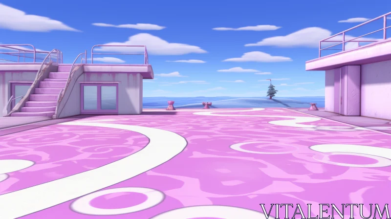 Whimsical Cartoon Room with Pink Floor and Water Scene AI Image