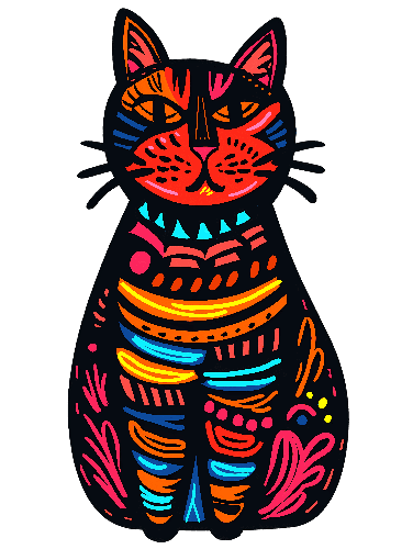 POD Design Whimsical Cartoon Style Sitting Cat with Colorful Patterns Illustration