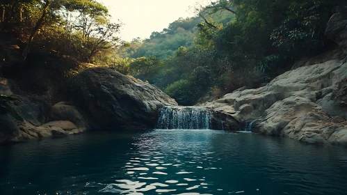 Tranquil Pond and Waterfall Surrounded by Rocks