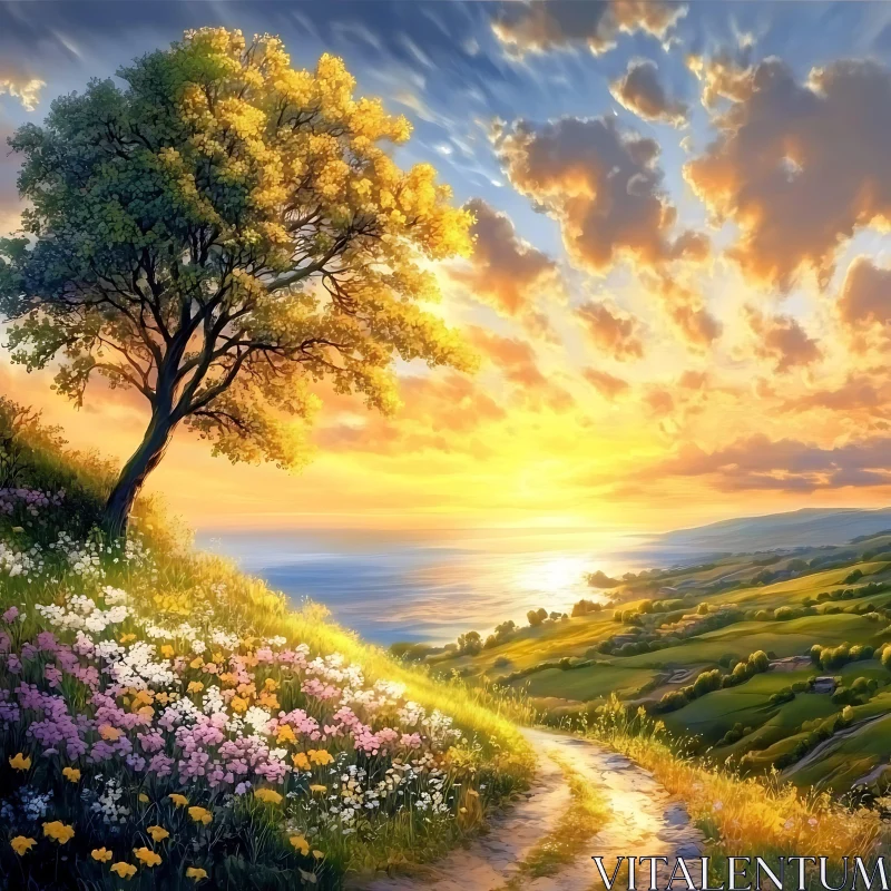 AI ART Sunset Over Coastal Path with Tree and Flowers