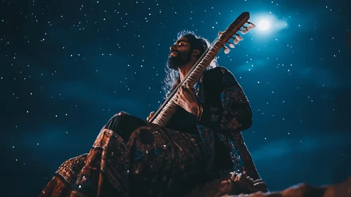 Man Playing Sitar Under Moonlight