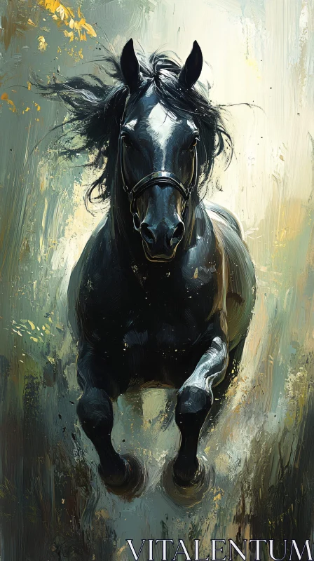 Galloping Black Horse Painting AI Image