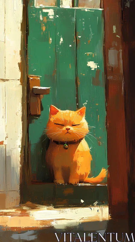 Peaceful Cat on Green Door AI Image