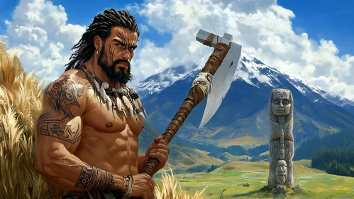 Tattooed Warrior with Axe Near Mountains