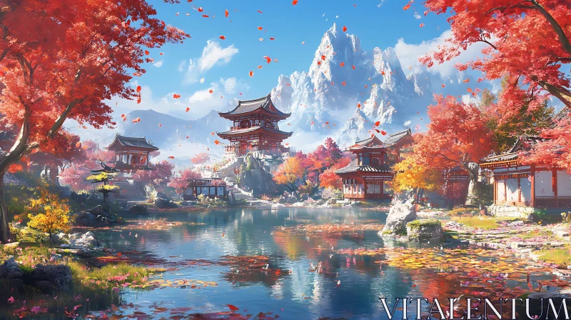 Tranquil Autumn Japanese Temple Scene AI Image