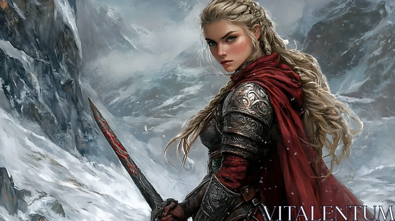 Female Warrior in Snowy Landscape AI Image