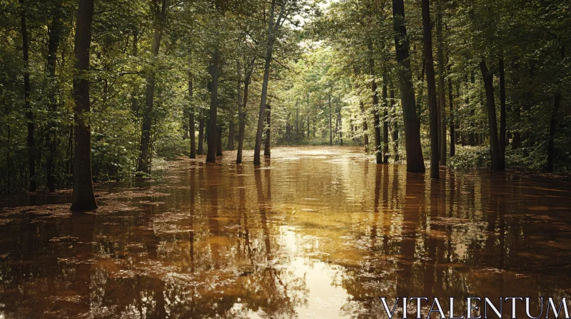 Serene Flooded Woodland with Sunlit Reflections AI Image