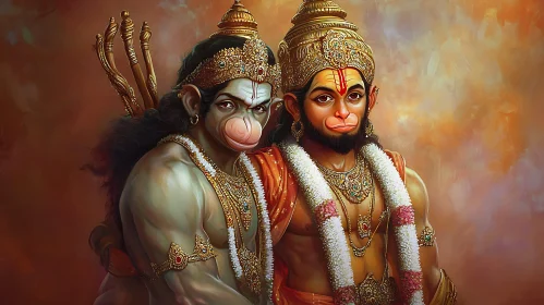 Two Hanuman Figures in Golden Crowns