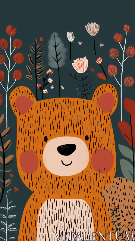 Friendly Bear with Floral Background AI Image