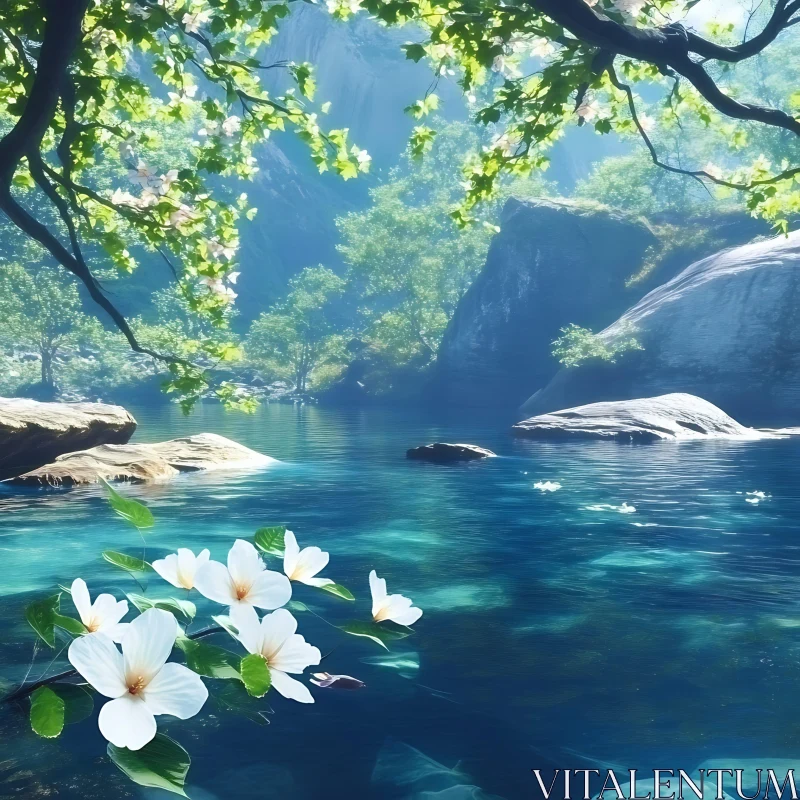 Serene Lake with Rock Formations and Blossoming Flowers AI Image