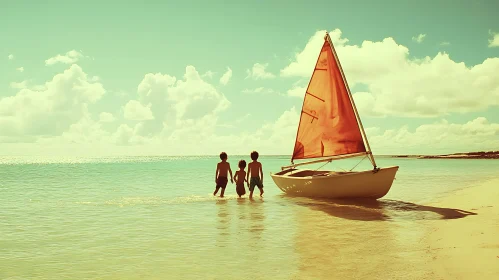 Seaside Adventures: Children and Sailboat