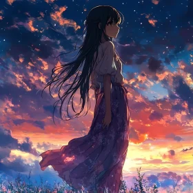 Girl in Field at Sunset