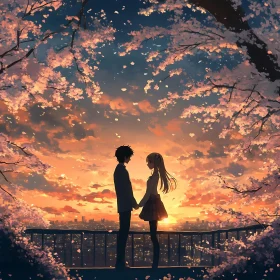 Romantic Anime Sunset with Blossoms
